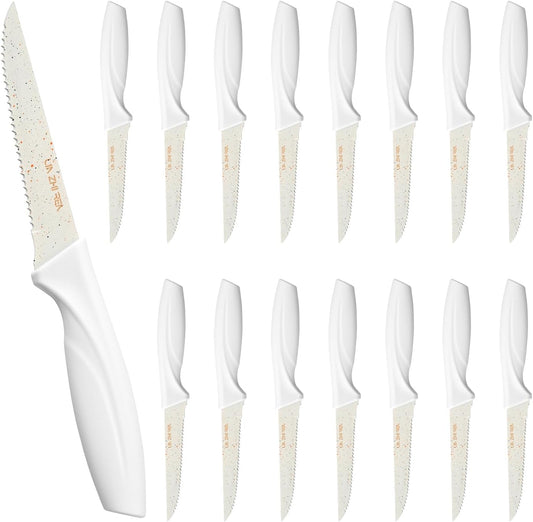 Steak Knives,Serrated Steak knife,High-Carbon Stainless Steel,Ergonomic Handles,For Restaurant Kitchen Tableware Camping,Dishwasher Safe (16 Pcs - White)