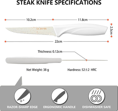 Steak Knives,Serrated Steak knife,High-Carbon Stainless Steel,Ergonomic Handles,For Restaurant Kitchen Tableware Camping,Dishwasher Safe (16 Pcs - White)