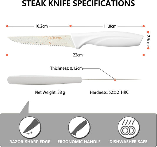 Steak Knives,Serrated Steak knife,High-Carbon Stainless Steel,Ergonomic Handles,For Restaurant Kitchen Tableware Camping,Dishwasher Safe (16 Pcs - White)