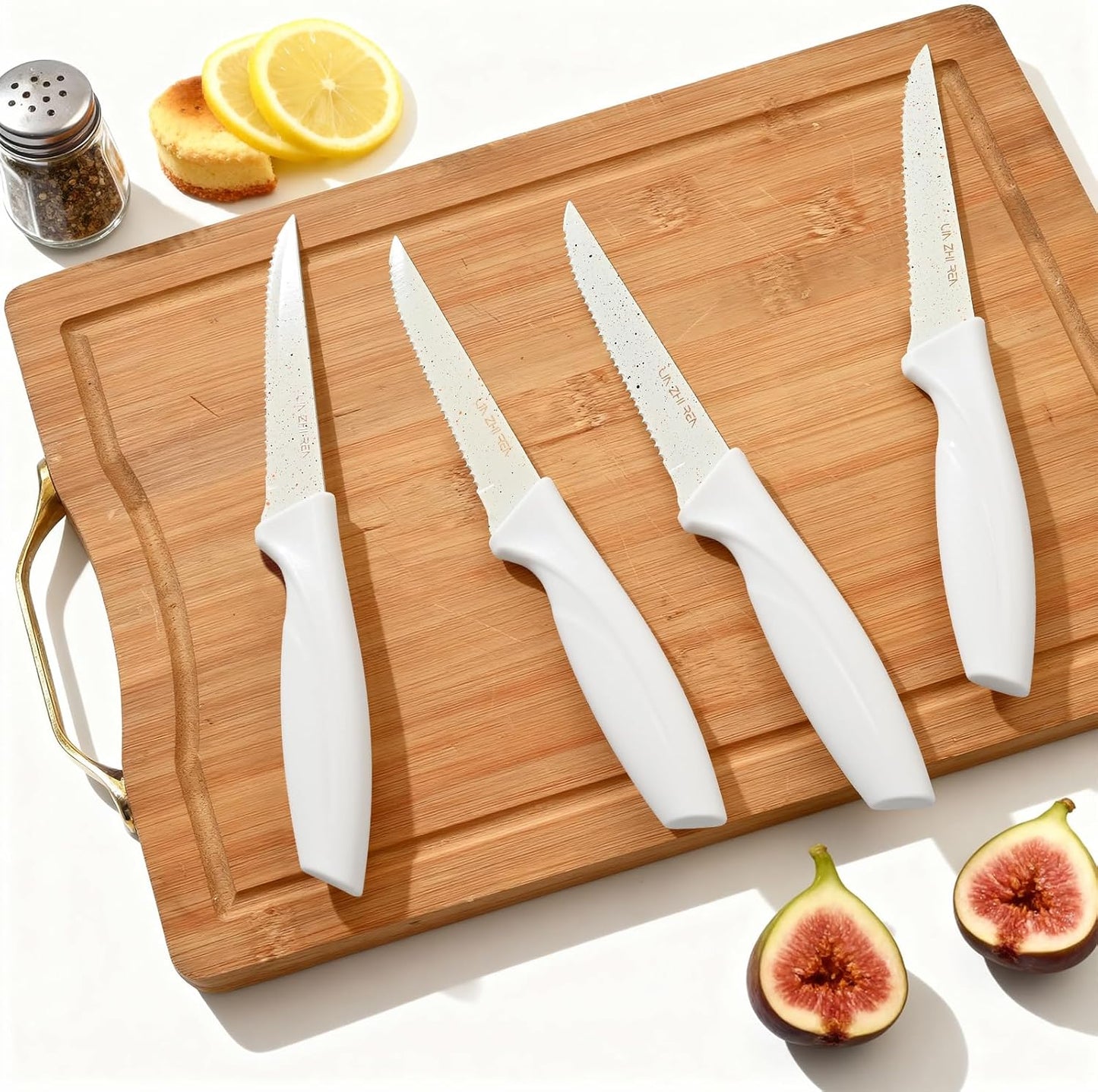 Steak Knives,Serrated Steak knife,High-Carbon Stainless Steel,Ergonomic Handles,For Restaurant Kitchen Tableware Camping,Dishwasher Safe (16 Pcs - White)