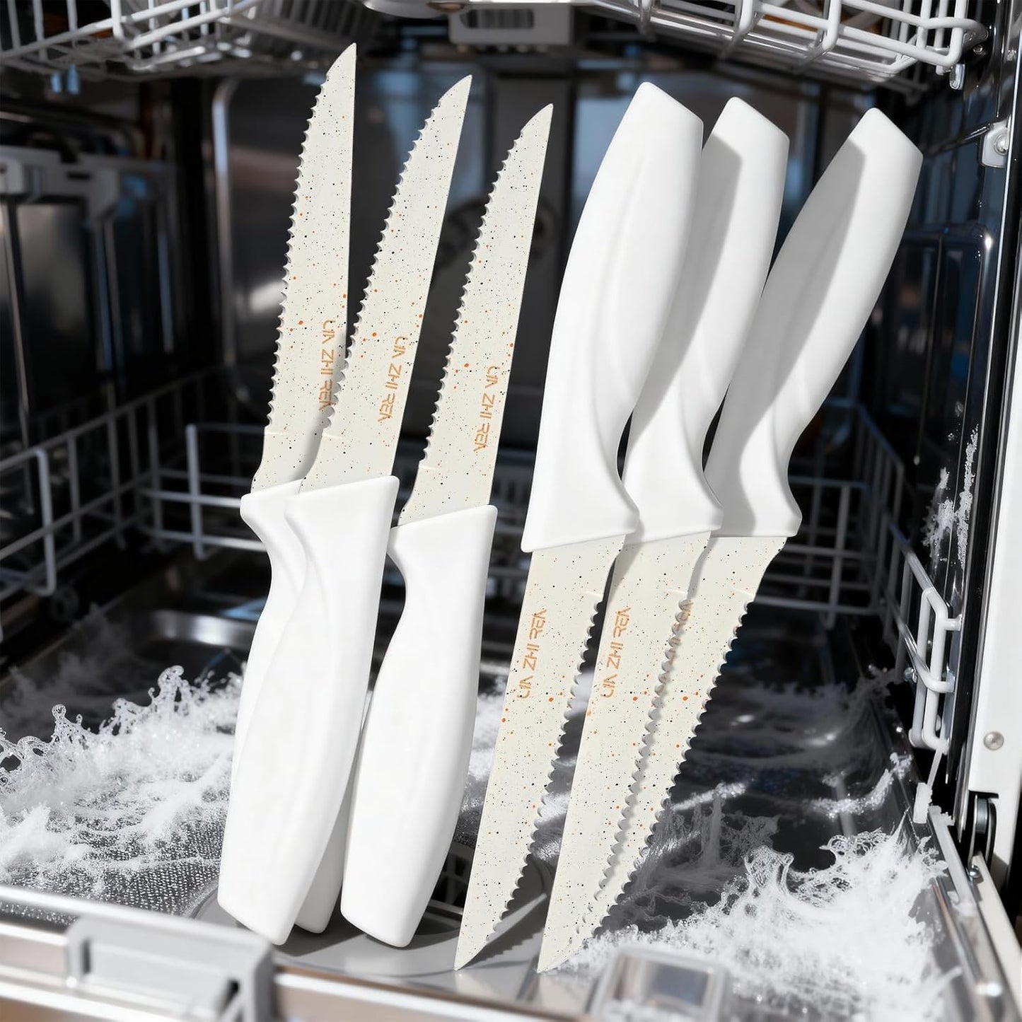 Steak Knives,Serrated Steak knife,High-Carbon Stainless Steel,Ergonomic Handles,For Restaurant Kitchen Tableware Camping,Dishwasher Safe (16 Pcs - White)