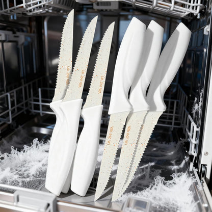 Steak Knives,Serrated Steak knife,High-Carbon Stainless Steel,Ergonomic Handles,For Restaurant Kitchen Tableware Camping,Dishwasher Safe (16 Pcs - White)