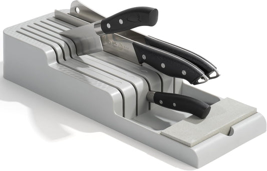 Knife Drawer Organizer with Integrated Sharpening Stone – Drawer Knife Organizer for Efficient Kitchen Organization, Knife Organizer Drawer Insert Securely Stores Up to 14 Knives