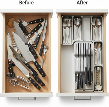 Knife Drawer Organizer with Integrated Sharpening Stone – Drawer Knife Organizer for Efficient Kitchen Organization, Knife Organizer Drawer Insert Securely Stores Up to 14 Knives