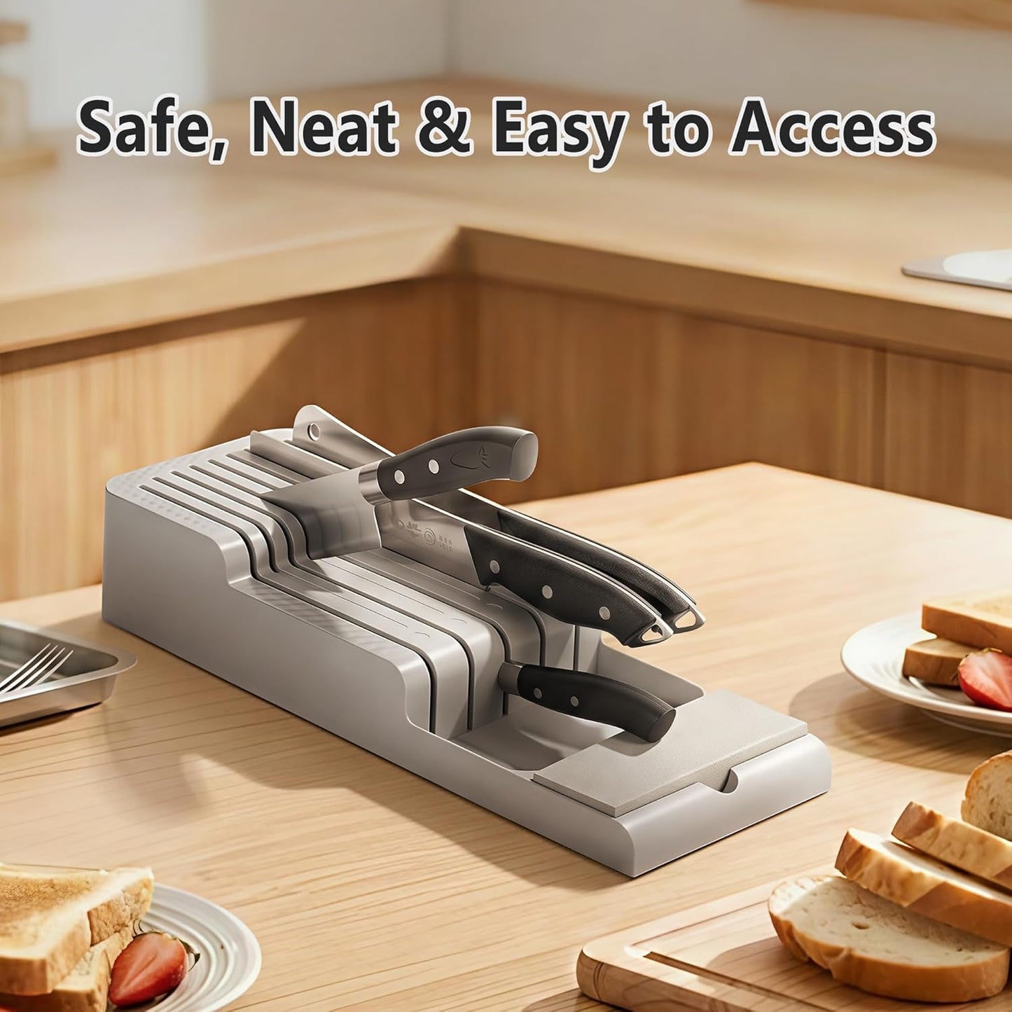 Knife Drawer Organizer with Integrated Sharpening Stone – Drawer Knife Organizer for Efficient Kitchen Organization, Knife Organizer Drawer Insert Securely Stores Up to 14 Knives