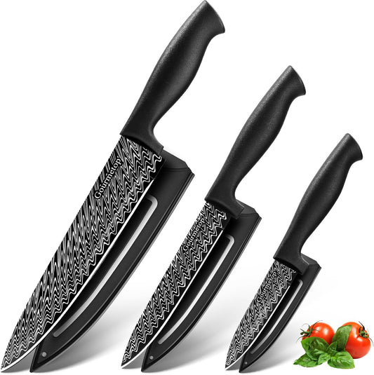 3PCS Kitchen Knife Set with Cover, Sharp Black Knives for Cooking | 8" Chef, 5" Utility, 3.5" Paring Knives, Food-Grade Nonstick Coating, Damascus Pattern, for Chopping, Slicing and Peeling