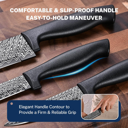 3PCS Kitchen Knife Set with Cover, Sharp Black Knives for Cooking | 8" Chef, 5" Utility, 3.5" Paring Knives, Food-Grade Nonstick Coating, Damascus Pattern, for Chopping, Slicing and Peeling