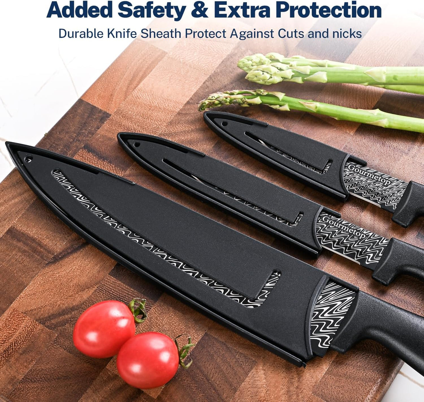 3PCS Kitchen Knife Set with Cover, Sharp Black Knives for Cooking | 8" Chef, 5" Utility, 3.5" Paring Knives, Food-Grade Nonstick Coating, Damascus Pattern, for Chopping, Slicing and Peeling