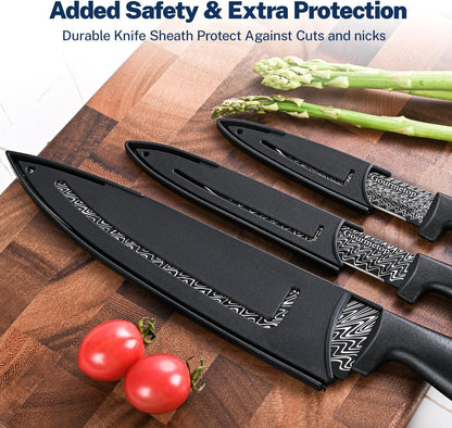 3PCS Kitchen Knife Set with Cover, Sharp Black Knives for Cooking | 8" Chef, 5" Utility, 3.5" Paring Knives, Food-Grade Nonstick Coating, Damascus Pattern, for Chopping, Slicing and Peeling