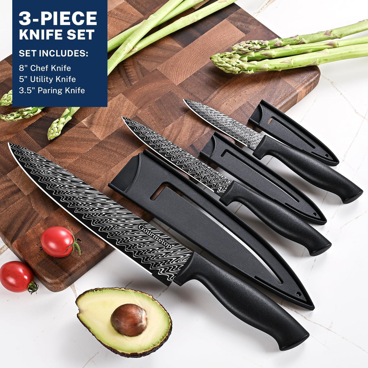 3PCS Kitchen Knife Set with Cover, Sharp Black Knives for Cooking | 8" Chef, 5" Utility, 3.5" Paring Knives, Food-Grade Nonstick Coating, Damascus Pattern, for Chopping, Slicing and Peeling