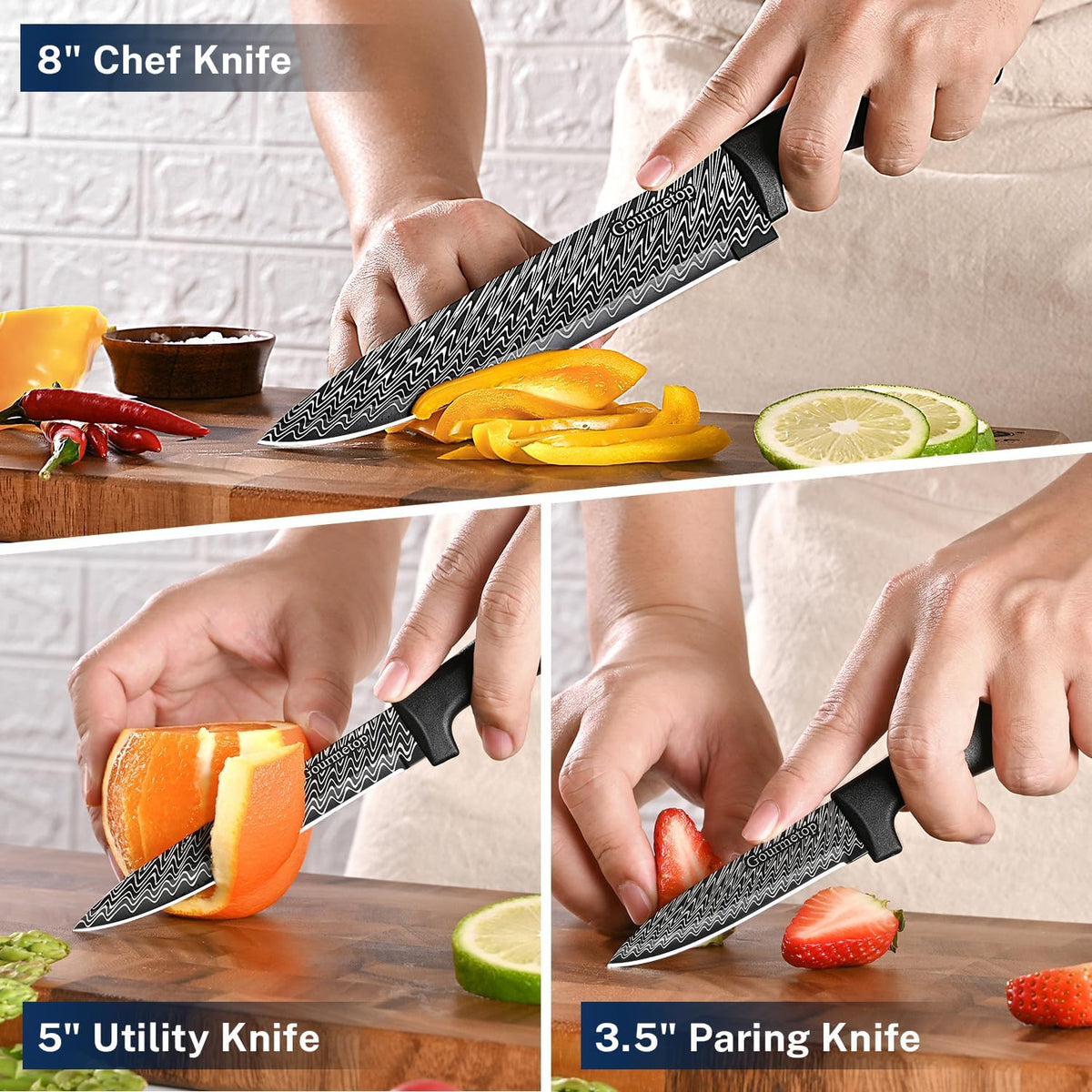 3PCS Kitchen Knife Set with Cover, Sharp Black Knives for Cooking | 8" Chef, 5" Utility, 3.5" Paring Knives, Food-Grade Nonstick Coating, Damascus Pattern, for Chopping, Slicing and Peeling