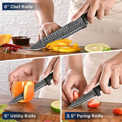 3PCS Kitchen Knife Set with Cover, Sharp Black Knives for Cooking | 8" Chef, 5" Utility, 3.5" Paring Knives, Food-Grade Nonstick Coating, Damascus Pattern, for Chopping, Slicing and Peeling
