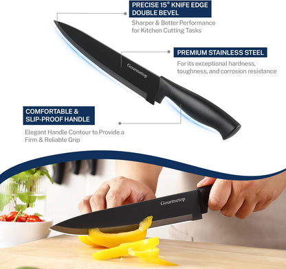 3PCS Kitchen Knife Set with Cover, Sharp Black Knives for Cooking | 8" Chef, 5" Utility, 3.5" Paring Knives, Food-Grade Nonstick Coating, Damascus Pattern, for Chopping, Slicing and Peeling