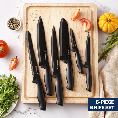 3PCS Kitchen Knife Set with Cover, Sharp Black Knives for Cooking | 8" Chef, 5" Utility, 3.5" Paring Knives, Food-Grade Nonstick Coating, Damascus Pattern, for Chopping, Slicing and Peeling