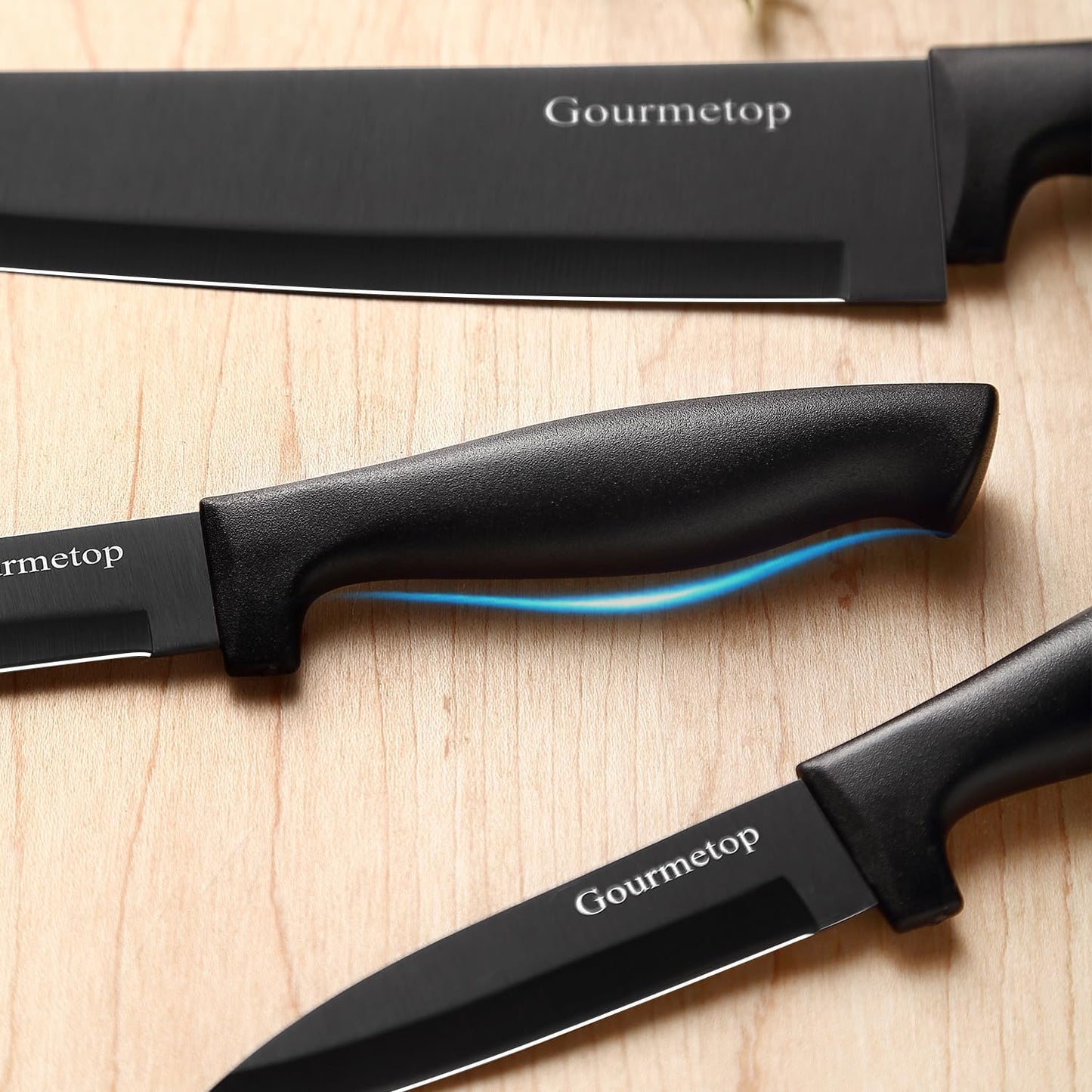 3PCS Kitchen Knife Set with Cover, Sharp Black Knives for Cooking | 8" Chef, 5" Utility, 3.5" Paring Knives, Food-Grade Nonstick Coating, Damascus Pattern, for Chopping, Slicing and Peeling