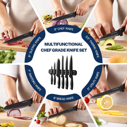 3PCS Kitchen Knife Set with Cover, Sharp Black Knives for Cooking | 8" Chef, 5" Utility, 3.5" Paring Knives, Food-Grade Nonstick Coating, Damascus Pattern, for Chopping, Slicing and Peeling