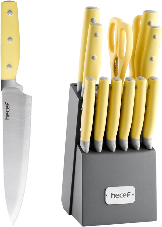 Kitchen Knife Block Set, 14 Pieces, Yellow | Wooden Block, Sharpener Steel, All-purpose Scissors, High Carbon Stainless Steel