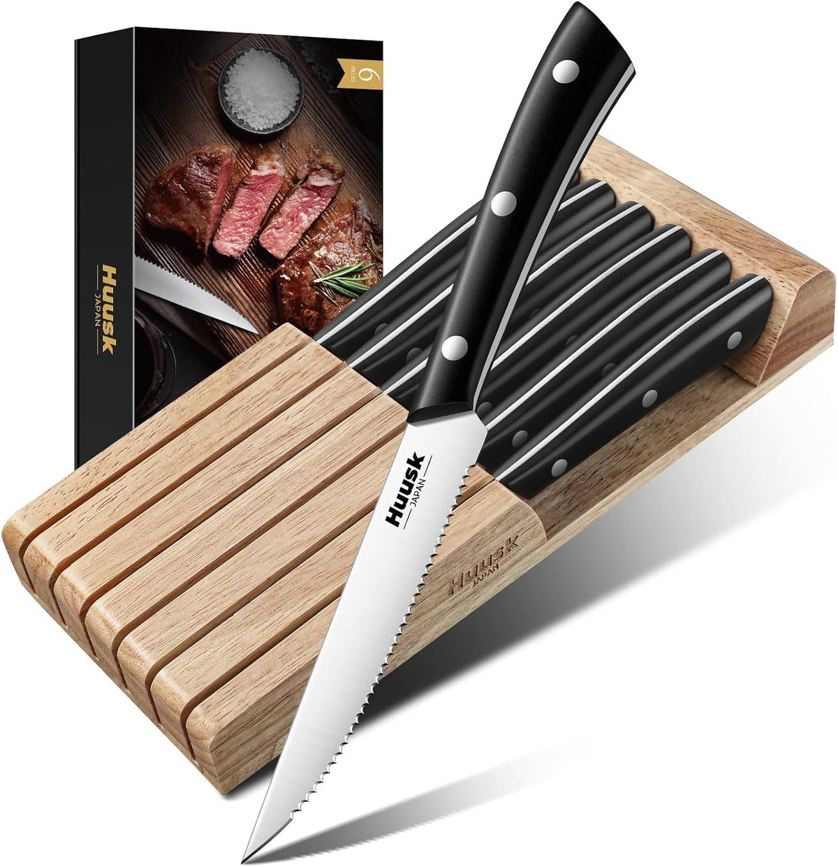 Huusk Steak Knives Set of 6 with Block, Sharp Serrated Steak Knives | Full Tang Handle, Japanese Stainless Stake Knife Set with Drawer Organizer for Kitchen Dinner Table, Gifts for Men Women
