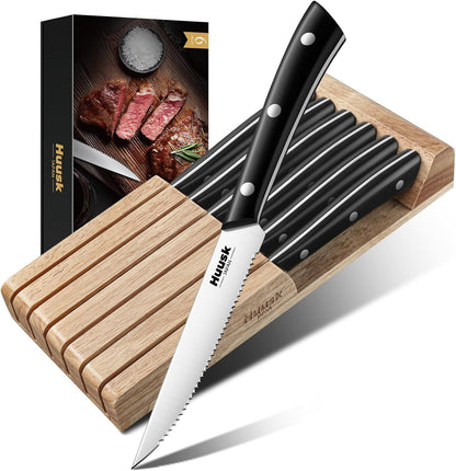 Huusk Steak Knives Set of 6 with Block, Sharp Serrated Steak Knives | Full Tang Handle, Japanese Stainless Stake Knife Set with Drawer Organizer for Kitchen Dinner Table, Gifts for Men Women