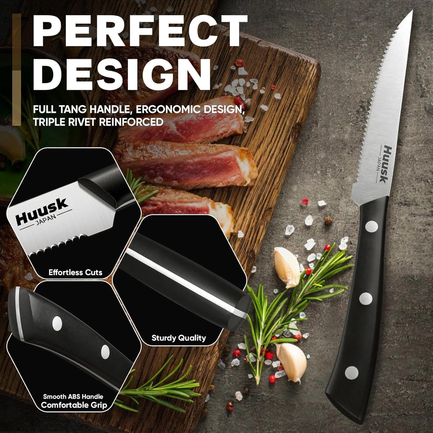 Huusk Steak Knives Set of 6 with Block, Sharp Serrated Steak Knives | Full Tang Handle, Japanese Stainless Stake Knife Set with Drawer Organizer for Kitchen Dinner Table, Gifts for Men Women
