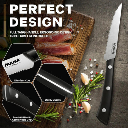 Huusk Steak Knives Set of 6 with Block, Sharp Serrated Steak Knives | Full Tang Handle, Japanese Stainless Stake Knife Set with Drawer Organizer for Kitchen Dinner Table, Gifts for Men Women