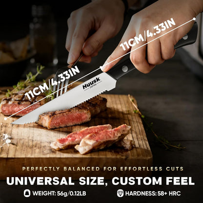 Huusk Steak Knives Set of 6 with Block, Sharp Serrated Steak Knives | Full Tang Handle, Japanese Stainless Stake Knife Set with Drawer Organizer for Kitchen Dinner Table, Gifts for Men Women