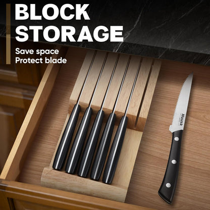 Huusk Steak Knives Set of 6 with Block, Sharp Serrated Steak Knives | Full Tang Handle, Japanese Stainless Stake Knife Set with Drawer Organizer for Kitchen Dinner Table, Gifts for Men Women