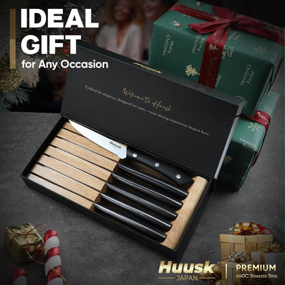 Huusk Steak Knives Set of 6 with Block, Sharp Serrated Steak Knives | Full Tang Handle, Japanese Stainless Stake Knife Set with Drawer Organizer for Kitchen Dinner Table, Gifts for Men Women