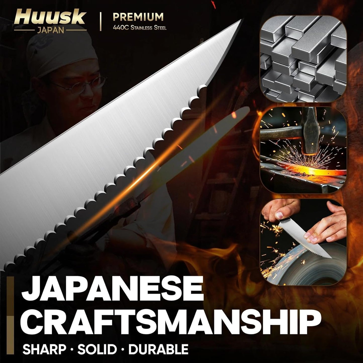 Huusk Steak Knives Set of 6 with Block, Sharp Serrated Steak Knives | Full Tang Handle, Japanese Stainless Stake Knife Set with Drawer Organizer for Kitchen Dinner Table, Gifts for Men Women