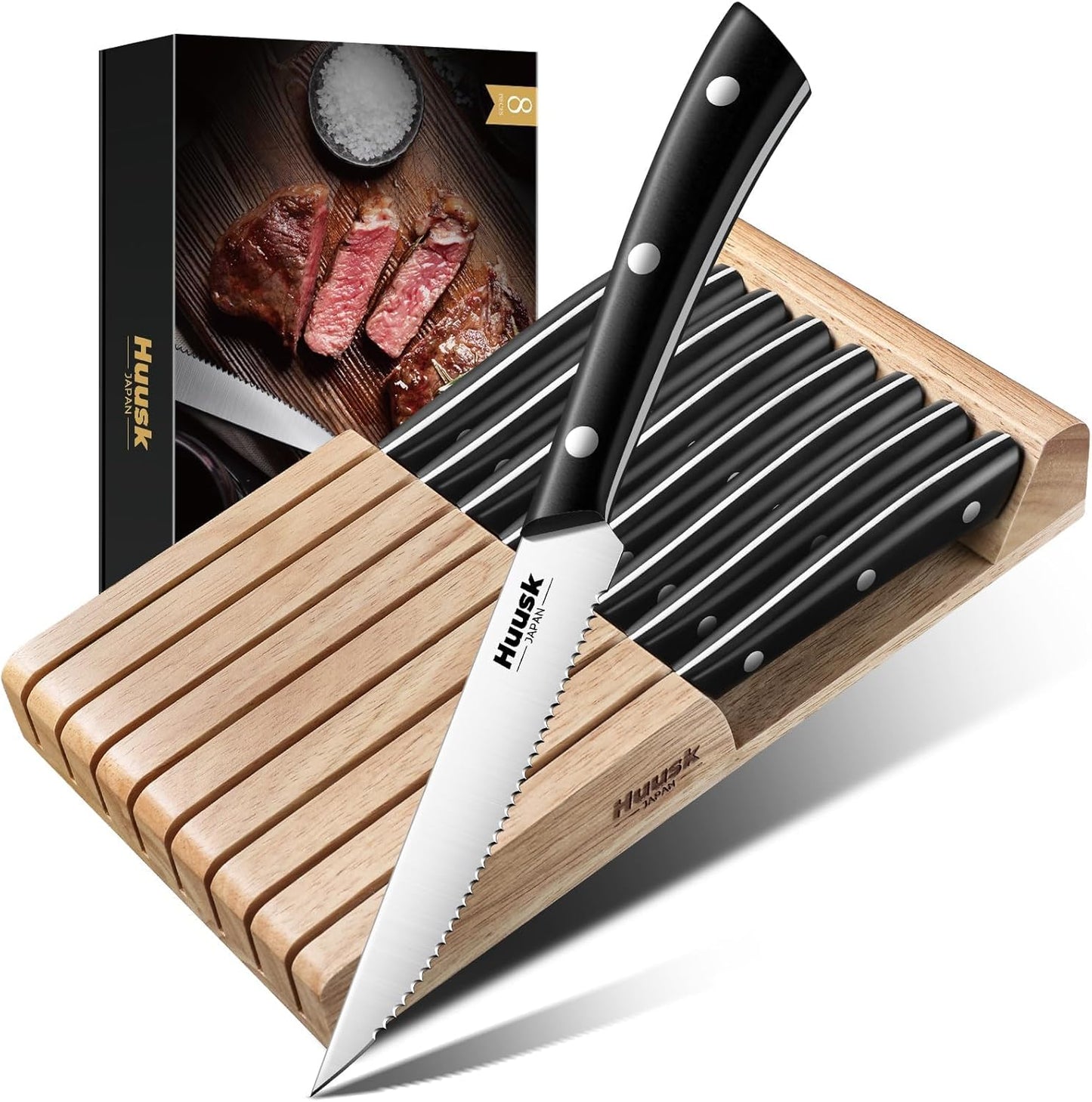 Huusk Steak Knives Set of 6 with Block, Sharp Serrated Steak Knives | Full Tang Handle, Japanese Stainless Stake Knife Set with Drawer Organizer for Kitchen Dinner Table, Gifts for Men Women