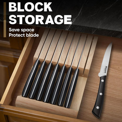 Huusk Steak Knives Set of 6 with Block, Sharp Serrated Steak Knives | Full Tang Handle, Japanese Stainless Stake Knife Set with Drawer Organizer for Kitchen Dinner Table, Gifts for Men Women
