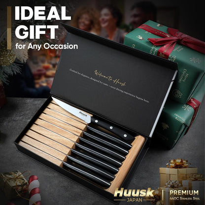 Huusk Steak Knives Set of 6 with Block, Sharp Serrated Steak Knives | Full Tang Handle, Japanese Stainless Stake Knife Set with Drawer Organizer for Kitchen Dinner Table, Gifts for Men Women