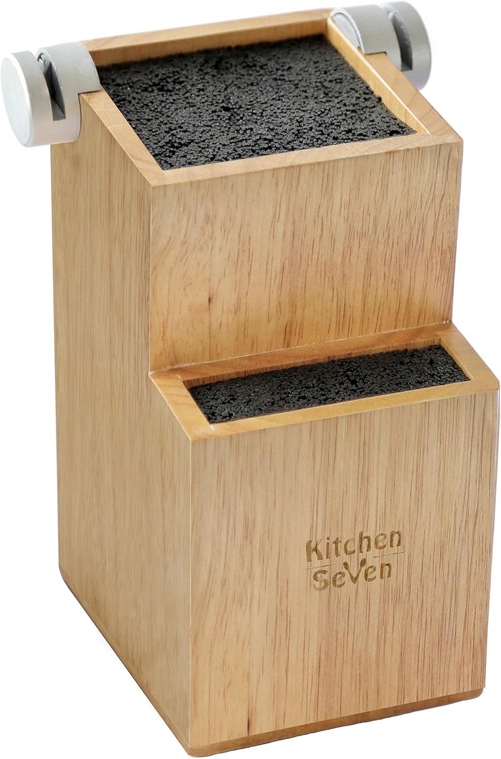 Bamboo Universal Knife Block - Knife Holder with 2 Built-In Knife Sharpeners - 2-Tiered Modern Knife Storage Up to 16 Large and Small Knives Easy Clean Wooden Knife Organizer