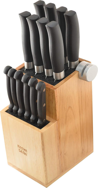 Bamboo Universal Knife Block - Knife Holder with 2 Built-In Knife Sharpeners - 2-Tiered Modern Knife Storage Up to 16 Large and Small Knives Easy Clean Wooden Knife Organizer