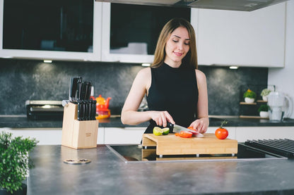 Bamboo Universal Knife Block - Knife Holder with 2 Built-In Knife Sharpeners - 2-Tiered Modern Knife Storage Up to 16 Large and Small Knives Easy Clean Wooden Knife Organizer
