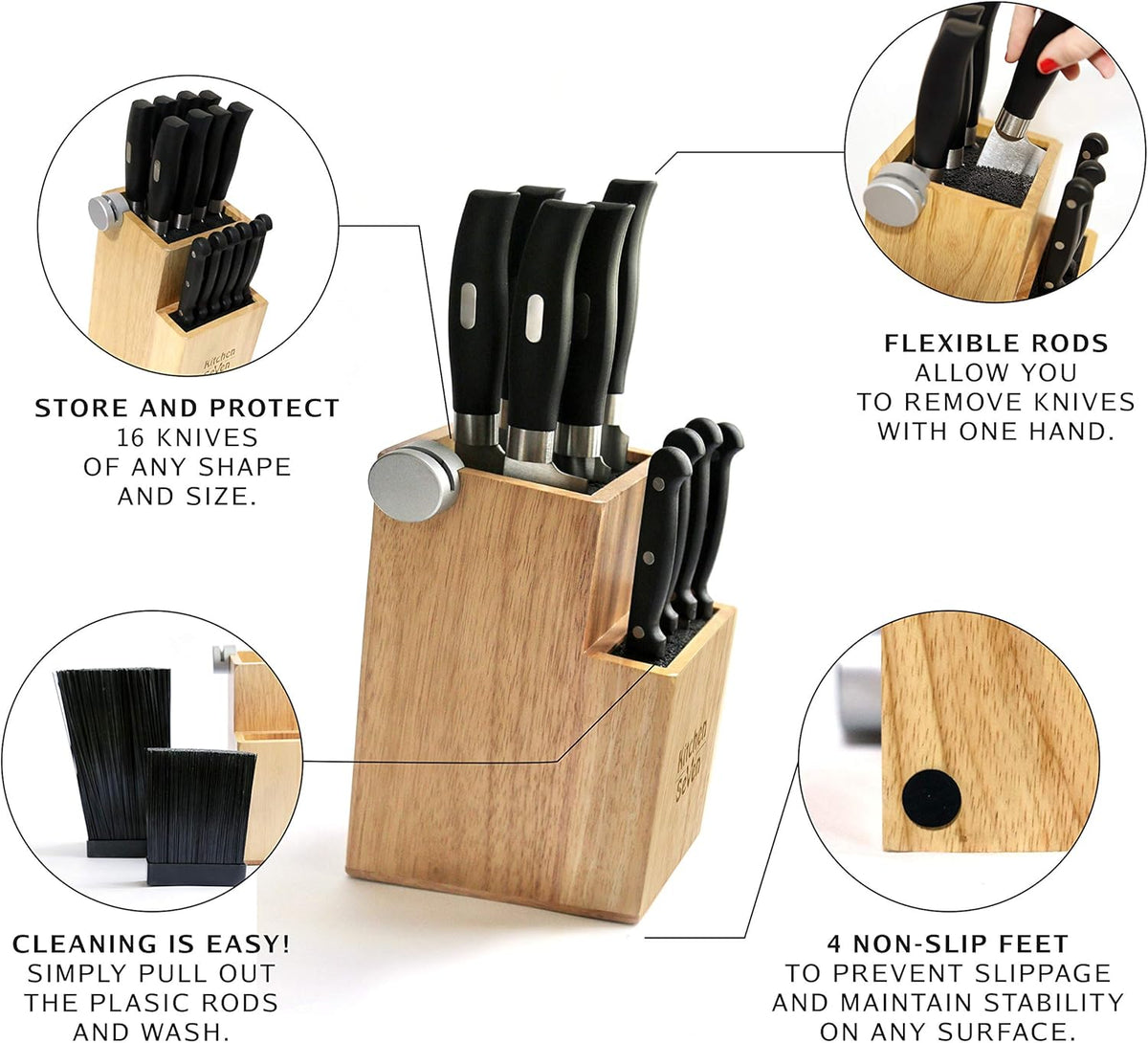 Bamboo Universal Knife Block - Knife Holder with 2 Built-In Knife Sharpeners - 2-Tiered Modern Knife Storage Up to 16 Large and Small Knives Easy Clean Wooden Knife Organizer