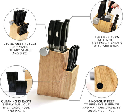 Bamboo Universal Knife Block - Knife Holder with 2 Built-In Knife Sharpeners - 2-Tiered Modern Knife Storage Up to 16 Large and Small Knives Easy Clean Wooden Knife Organizer