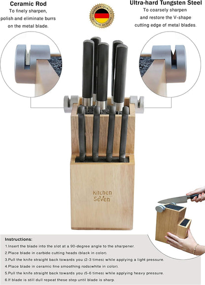 Bamboo Universal Knife Block - Knife Holder with 2 Built-In Knife Sharpeners - 2-Tiered Modern Knife Storage Up to 16 Large and Small Knives Easy Clean Wooden Knife Organizer