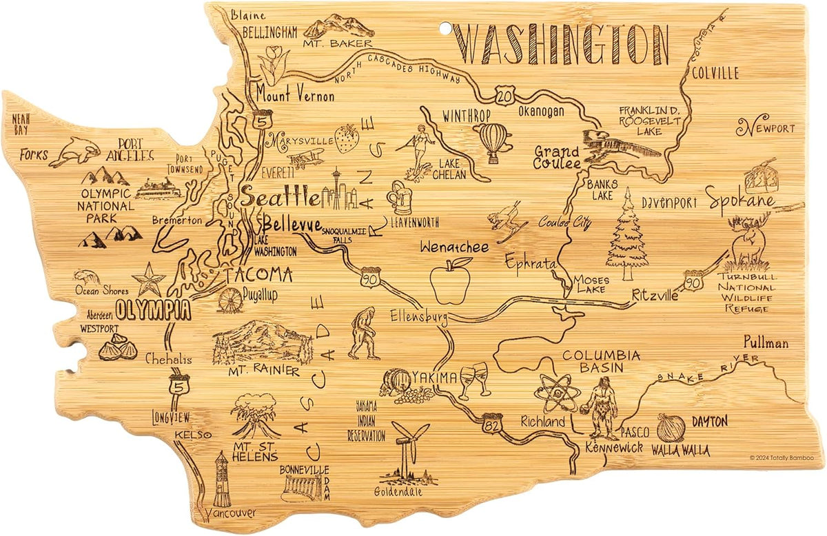Destination Washington State Shaped Cutting Board | State charcuterie serving board with engraved map artwork. Smooth reverse side for food prep. Hang tie for wall display.