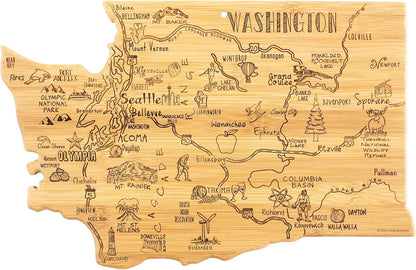 Destination Washington State Shaped Cutting Board | State charcuterie serving board with engraved map artwork. Smooth reverse side for food prep. Hang tie for wall display.