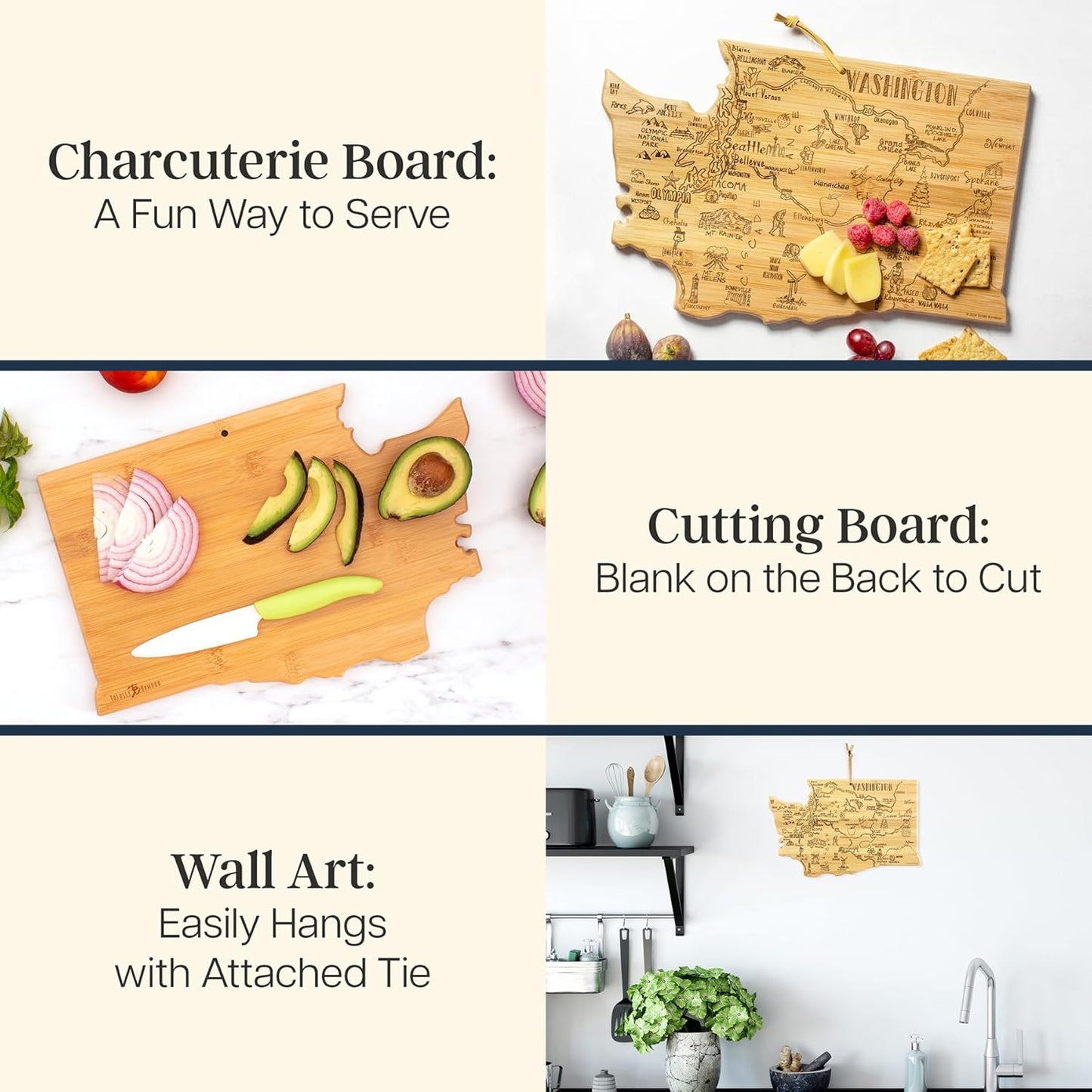 Destination Washington State Shaped Cutting Board | State charcuterie serving board with engraved map artwork. Smooth reverse side for food prep. Hang tie for wall display.