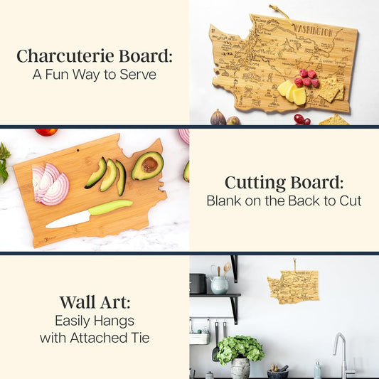 Destination Washington State Shaped Cutting Board | State charcuterie serving board with engraved map artwork. Smooth reverse side for food prep. Hang tie for wall display.