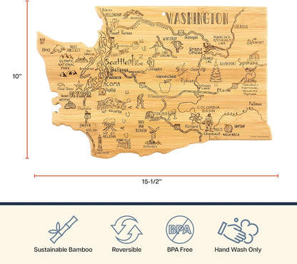 Destination Washington State Shaped Cutting Board | State charcuterie serving board with engraved map artwork. Smooth reverse side for food prep. Hang tie for wall display.