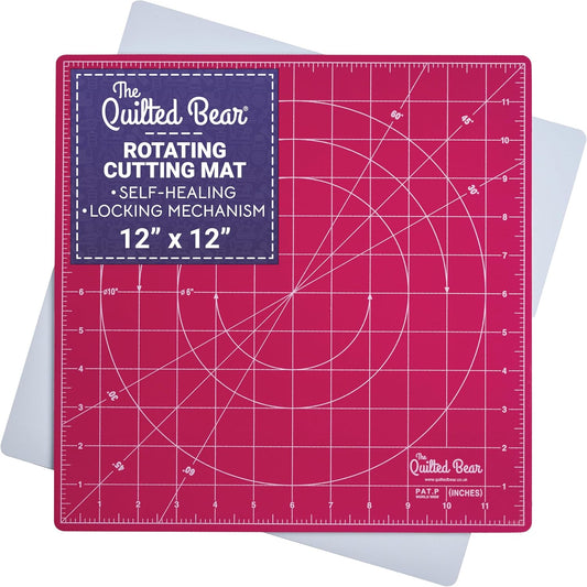 The Quilted Bear Rotating Cutting Mat 12" x 12" - Locking & Rotating Self Healing Cutting Board for Sewing, Fabric & Quilting - 360 Degree Sewing Supplies Mat for Craft Table (Pink)