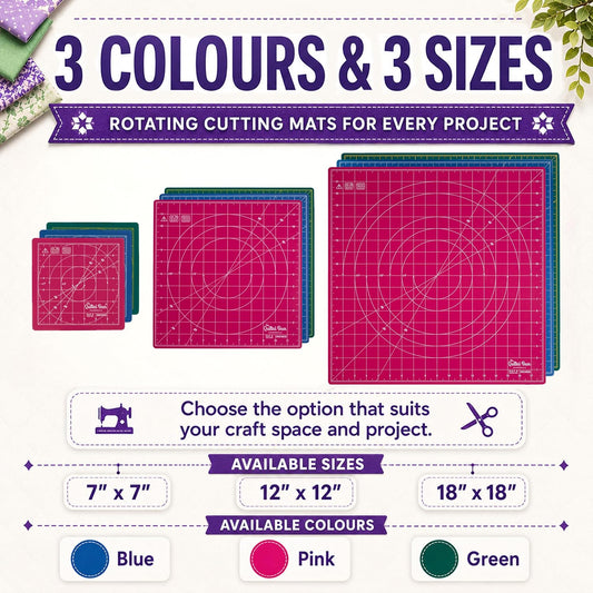 The Quilted Bear Rotating Cutting Mat 12" x 12" - Locking & Rotating Self Healing Cutting Board for Sewing, Fabric & Quilting - 360 Degree Sewing Supplies Mat for Craft Table (Pink)