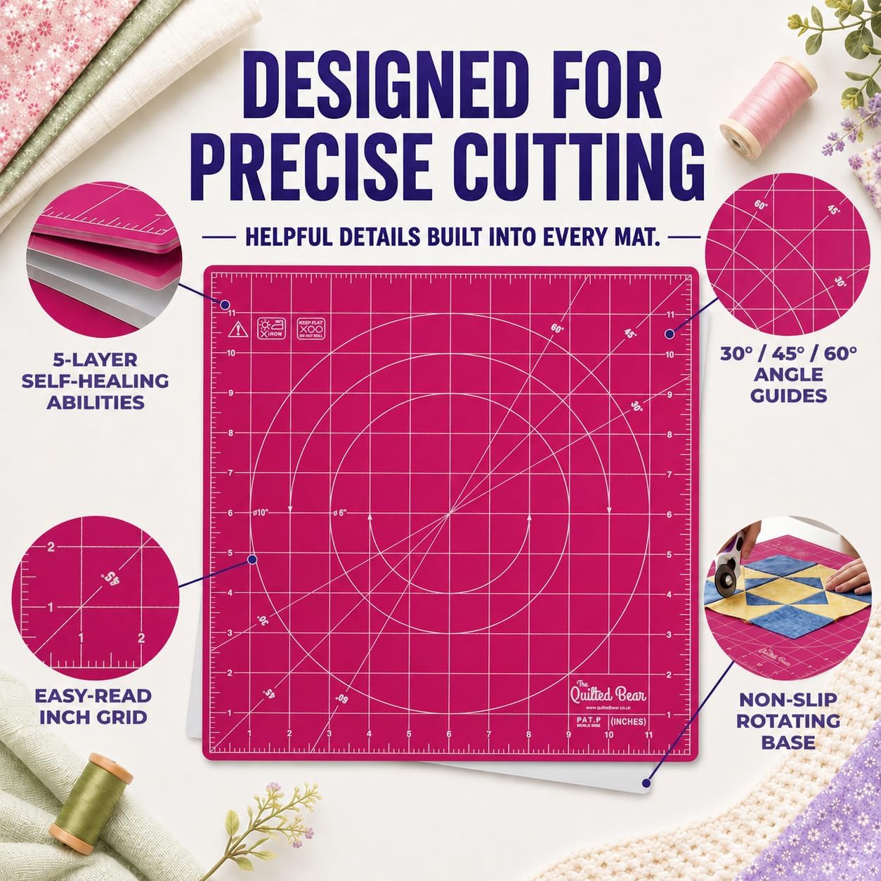 The Quilted Bear Rotating Cutting Mat 12" x 12" - Locking & Rotating Self Healing Cutting Board for Sewing, Fabric & Quilting - 360 Degree Sewing Supplies Mat for Craft Table (Pink)
