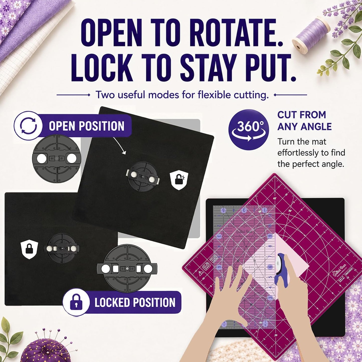 The Quilted Bear Rotating Cutting Mat 12" x 12" - Locking & Rotating Self Healing Cutting Board for Sewing, Fabric & Quilting - 360 Degree Sewing Supplies Mat for Craft Table (Pink)