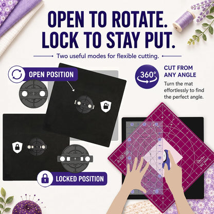 The Quilted Bear Rotating Cutting Mat 12" x 12" - Locking & Rotating Self Healing Cutting Board for Sewing, Fabric & Quilting - 360 Degree Sewing Supplies Mat for Craft Table (Pink)