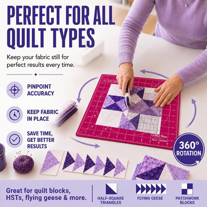 The Quilted Bear Rotating Cutting Mat 12" x 12" - Locking & Rotating Self Healing Cutting Board for Sewing, Fabric & Quilting - 360 Degree Sewing Supplies Mat for Craft Table (Pink)