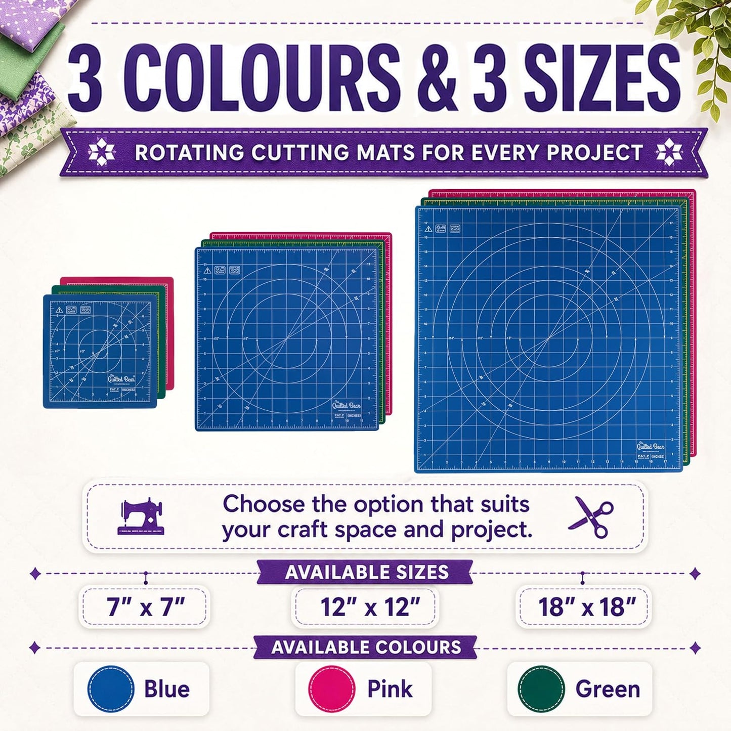 The Quilted Bear Rotating Cutting Mat 12" x 12" - Locking & Rotating Self Healing Cutting Board for Sewing, Fabric & Quilting - 360 Degree Sewing Supplies Mat for Craft Table (Pink)